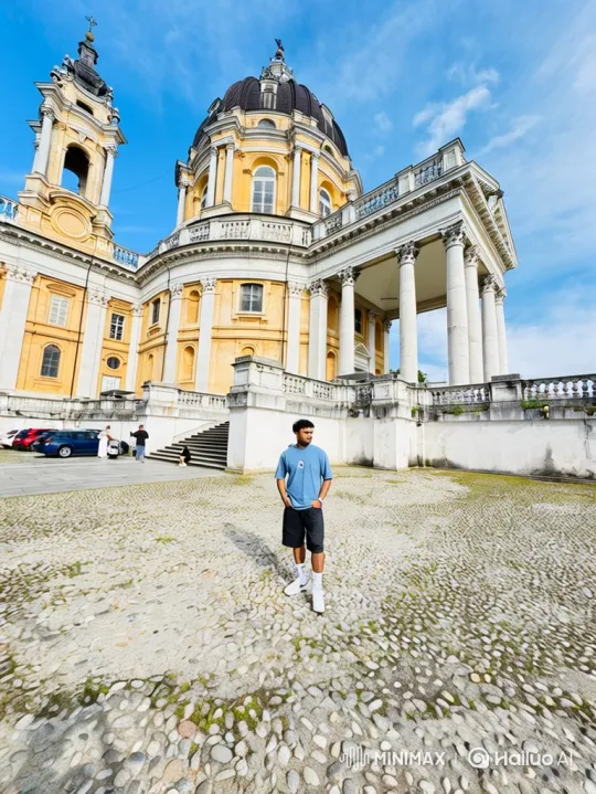 Man Stands in Courtyard as Camera Zooms Out to Space – AI Generated Video | Hailuo AI