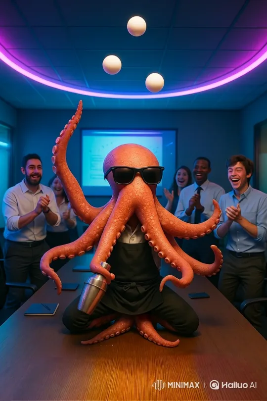 Surreal Office Party: Octopus Juggles for Applauding Workers – AI Generated Video | Hailuo AI