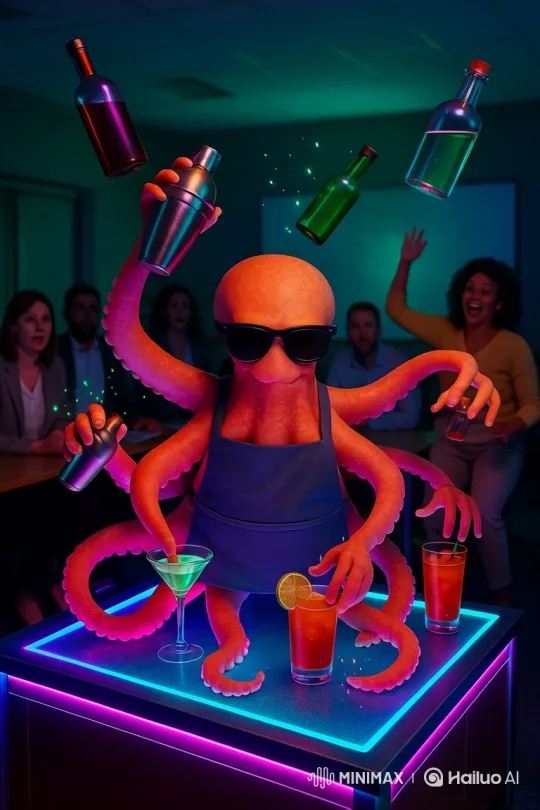 Octopus Bartender Juggles Drinks with Style – AI Generated Video | Hailuo AI