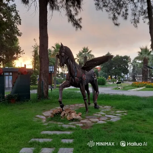 Mechanical Winged Horse Comes Alive in Dusk Park – AI Generated Video | Hailuo AI