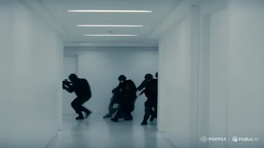 Tactical Squad Eliminated in White Hallway Ambush – AI Generated Video | Hailuo AI