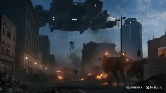 High-Tech Mech Dropship Deployment in War-Torn Cityscape – AI Generated Video | Hailuo AI