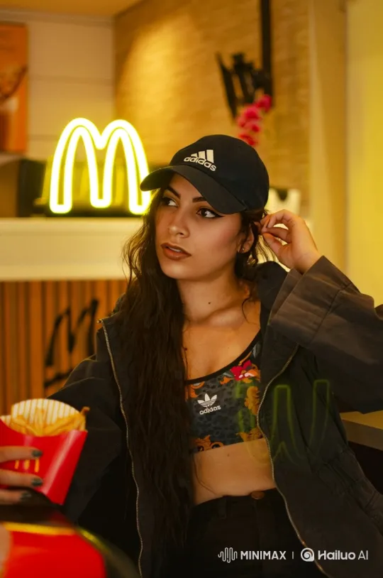 Young Woman Enjoying Fries in Fast-Food Restaurant – AI Generated Video | Hailuo AI