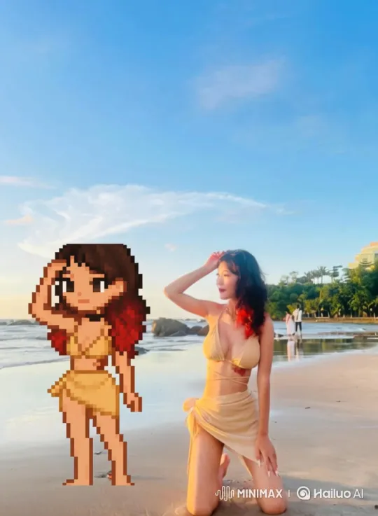 Golden Hour Pixel Art Portrait on Tranquil Beach – AI Generated Video | Hailuo AI