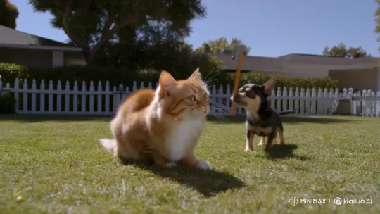Chihuahua Chases Cat With Ax in Suburban Backyard – AI Generated Video | Hailuo AI