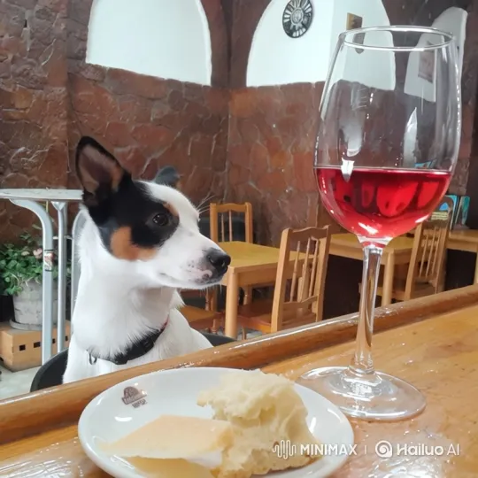 Cozy Intimacy: A Dog at the Bar with Wine and Cheese – AI Generated Video | Hailuo AI