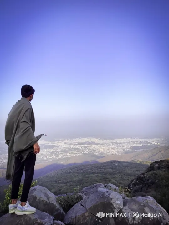 Man on Mountain Peak to Earth from Space Panorama – AI Generated Video | Hailuo AI