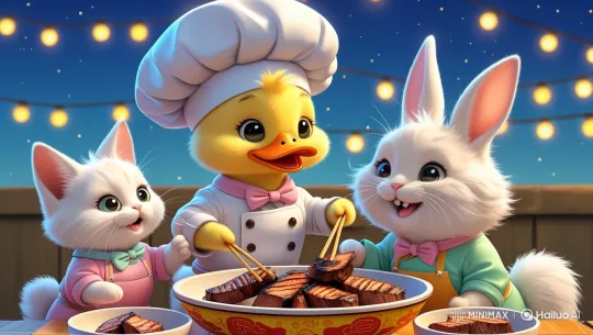 Animal Friends Share Grilled Meal Under Lights – AI Generated Video | Hailuo AI