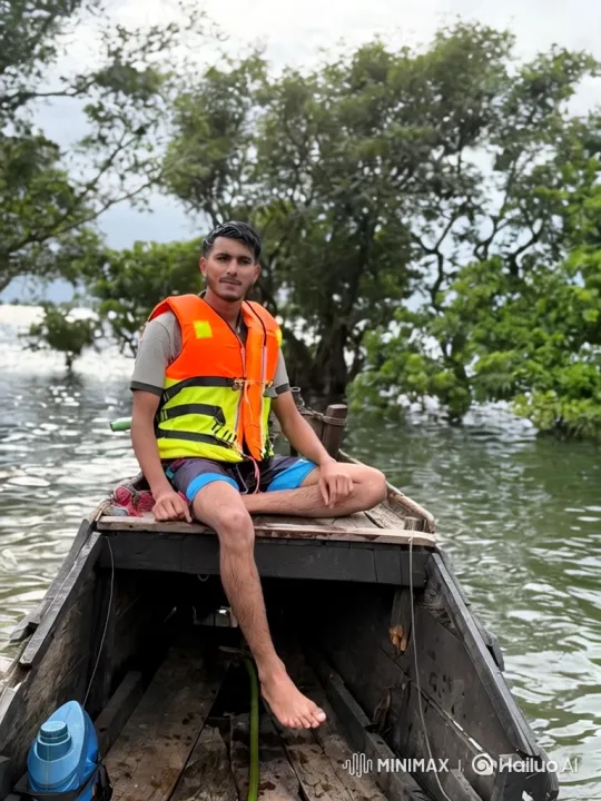 Young Man in Life Vest on Boat in Forest – AI Generated Video | Hailuo AI