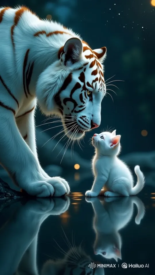 White Tiger and Kitten Bond Under Firefly Glow – AI Generated Video | Hailuo AI