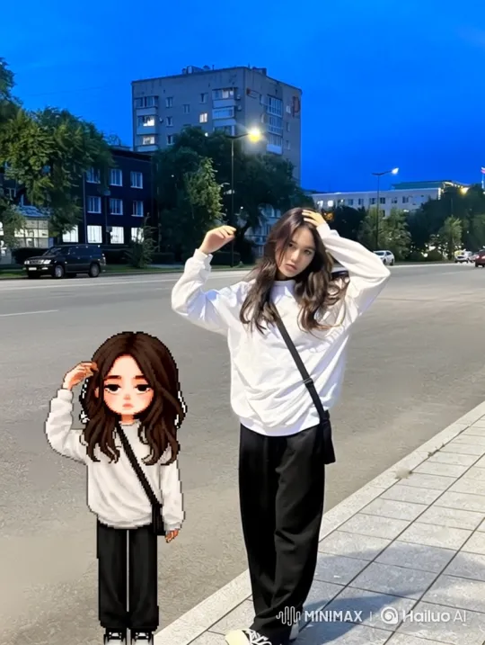 Woman and Avatar Stand Still as Camera Orbits in Twilight – AI Generated Video | Hailuo AI