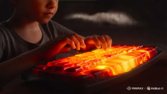 Girl Types on Fiery Lava Keyboard in Dim Light – AI Generated Video | Hailuo AI