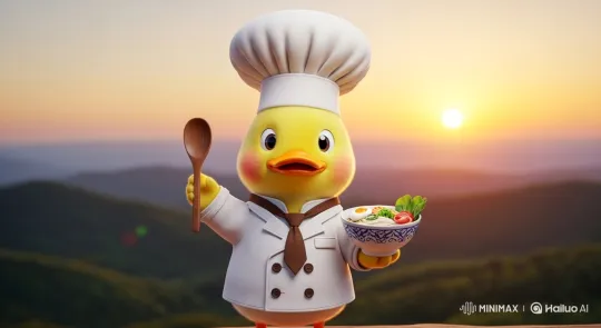 Baby Duck Chef Waves in Sunset Setting – AI Generated Video | Hailuo AI