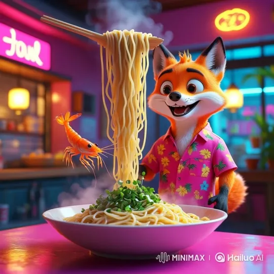 Anthropomorphic Fox Enjoying Noodles in Neon-Lit Restaurant – AI Generated Video | Hailuo AI
