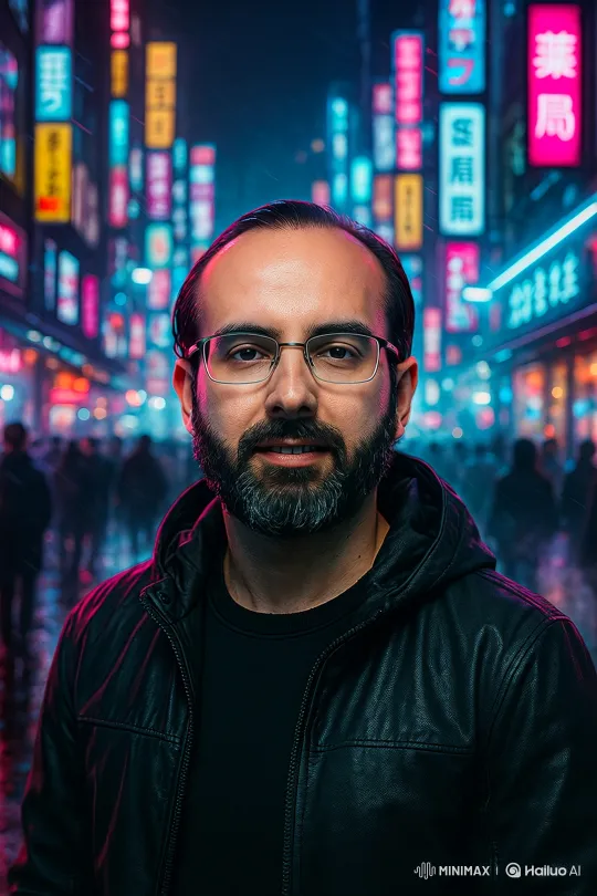 Man in Leather Jacket Amidst Neon Night Cityscape – AI Generated Video | Hailuo AI