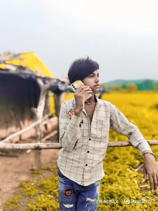 Young Man in Golden Field on Phone Amidst Overcast Sky – AI Generated Video | Hailuo AI