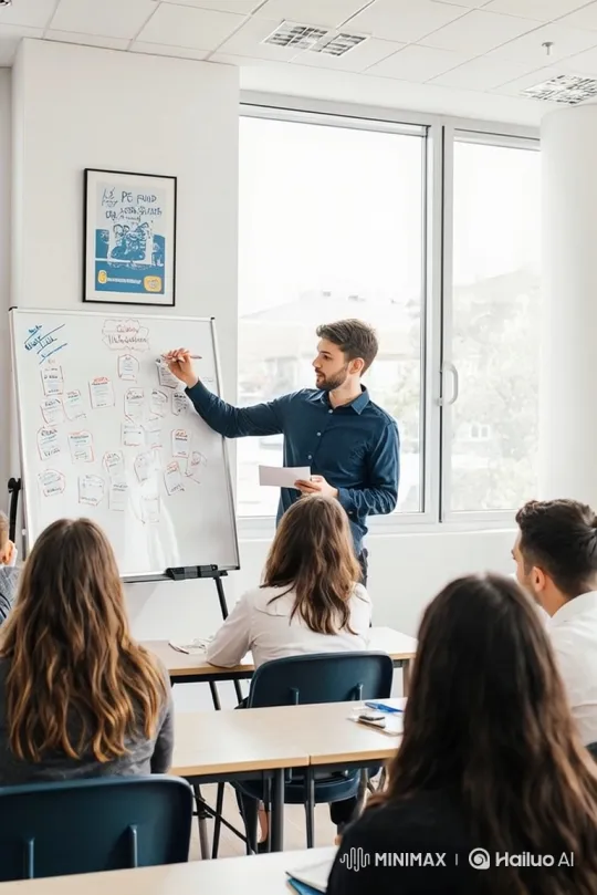 Male Teacher Engages Students in Modern Classroom – AI Generated Video | Hailuo AI