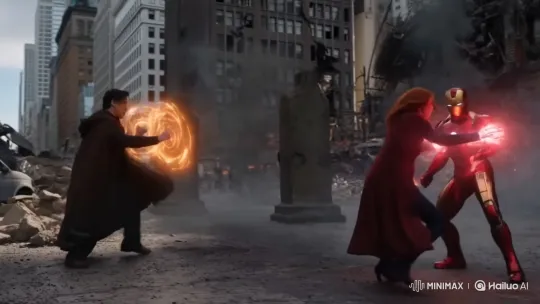 Scarlet Witch vs. Doctor Strange and Iron Man in Urban Chaos – AI Generated Video | Hailuo AI