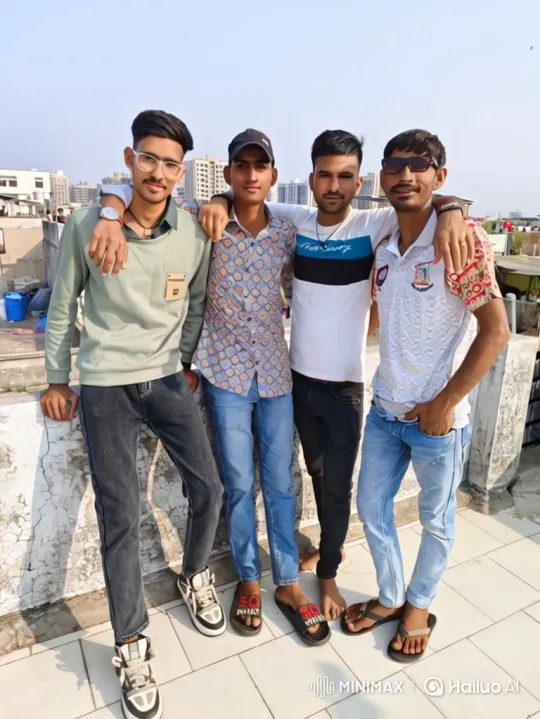 Four Friends Pose on Rooftop with Cityscape Backdrop – AI Generated Video | Hailuo AI