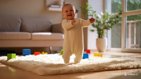 Joyful Baby Dances in Sunlit Living Room – AI Generated Video | Hailuo AI