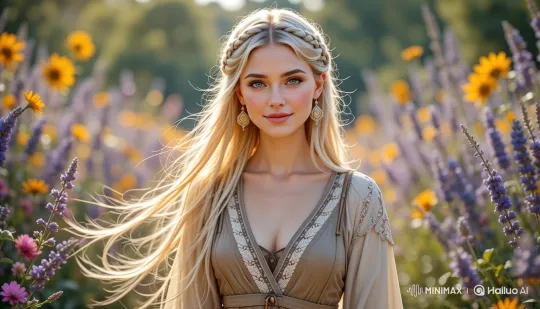 Young Woman Explains in a Sunlit Flower Field – AI Generated Video | Hailuo AI