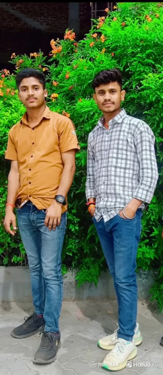 Two Men Enjoy Friendship Moment in Front of Flowering Hedge – AI Generated Video | Hailuo AI
