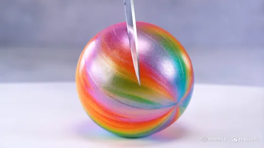 Rainbow Candy Ball Sliced, Revealing Luminous Liquid – AI Generated Video | Hailuo AI
