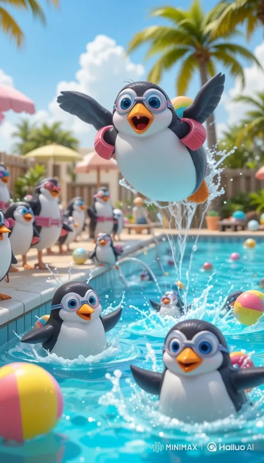 Cartoon Penguins' Joyful Pool Party Splash – AI Generated Video | Hailuo AI