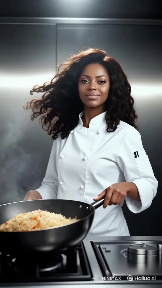 Woman Preparing Fried Rice, Salad, and Chicken Pepper Soup – AI Generated Video | Hailuo AI