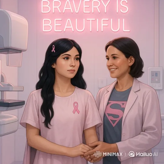 Doctor Comforts Anxious Patient in Pink-Themed Mammography Room – AI Generated Video | Hailuo AI