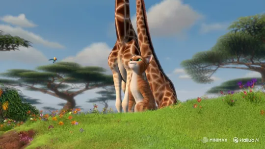 Cat and Giraffe Chat in Sunny Savanna Clearing – AI Generated Video | Hailuo AI