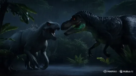 Night Battle of Genetically Engineered Dinosaurs – AI Generated Video | Hailuo AI