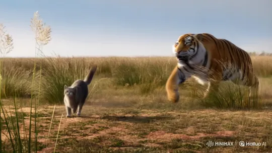 Tiger Pursues Terrified Cat Across Open Plain – AI Generated Video | Hailuo AI
