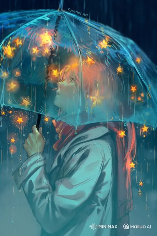 Enchanted Night: Person with Red Hair Enjoys Starry Umbrella in Rain – AI Generated Video | Hailuo AI
