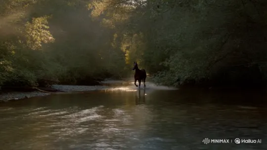 Majestic Horse Gallops Through Shaded Forest River – AI Generated Video | Hailuo AI