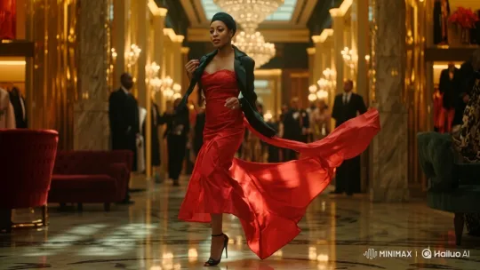 Confident Woman in Red Gown Walks Through Opulent Hall – AI Generated Video | Hailuo AI