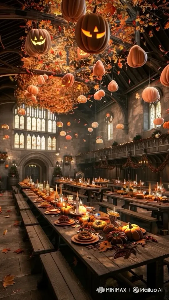 Wizards and Witches Celebrate Autumn Feast in Enchanted Hall – AI Generated Video | Hailuo AI