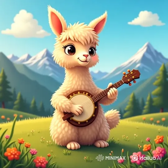 Fluffy Llama Plays Ukulele in Peaceful Meadow – AI Generated Video | Hailuo AI
