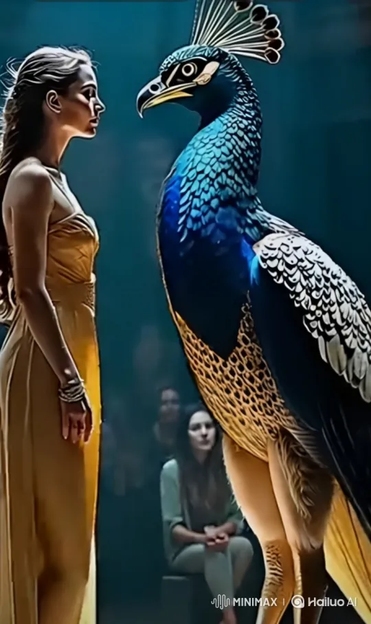 Enchanted Encounter: Woman and Majestic Peacock in Ethereal Chamber – AI Generated Video | Hailuo AI