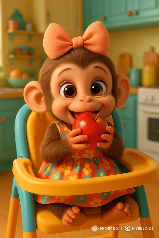 Cute Baby Monkey Joyfully Eating Apple in Animated Kitchen – AI Generated Video | Hailuo AI