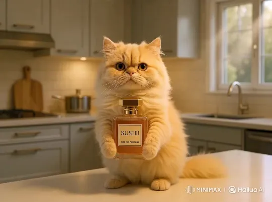 Persian Cat Sprays Perfume in Luxury Kitchen – AI Generated Video | Hailuo AI