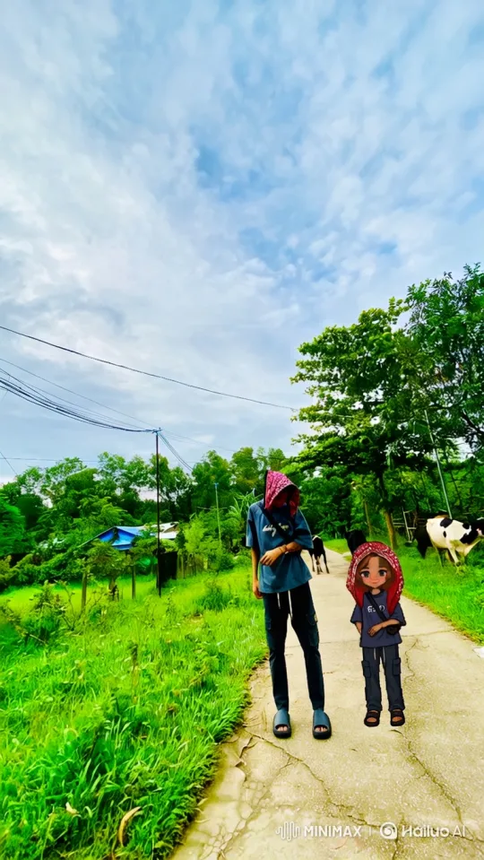 Vibrant Countryside 180-Degree Shot with Person and Cartoon Character – AI Generated Video | Hailuo AI