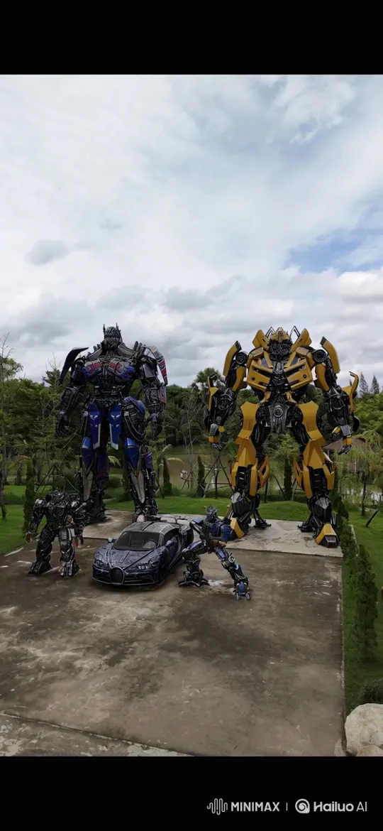 Static Robot Statues Animate in Cinematic Park Scene – AI Generated Video | Hailuo AI