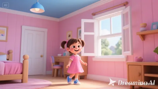 Animated Little Girl Walking Cheerfully in Her Bedroom – AI Generated Video | Hailuo AI