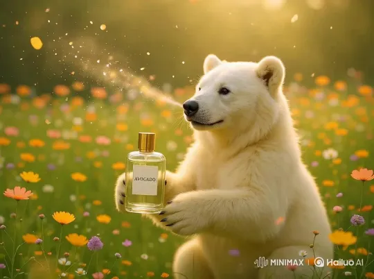 Fluffy Bear Sprays Avocado Perfume in Flower Field – AI Generated Video | Hailuo AI