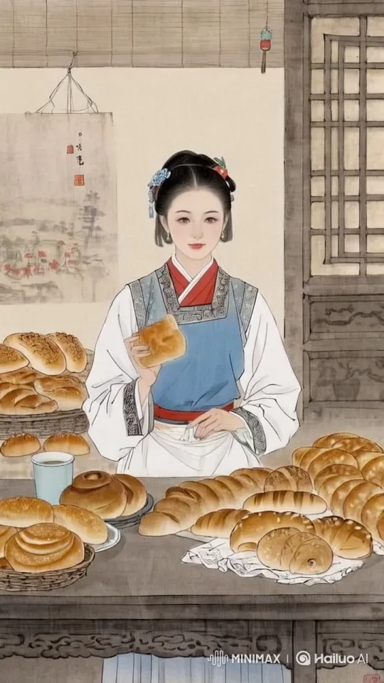 Traditional Attire Character Enjoying French Bread in Serene Setting – AI Generated Video | Hailuo AI