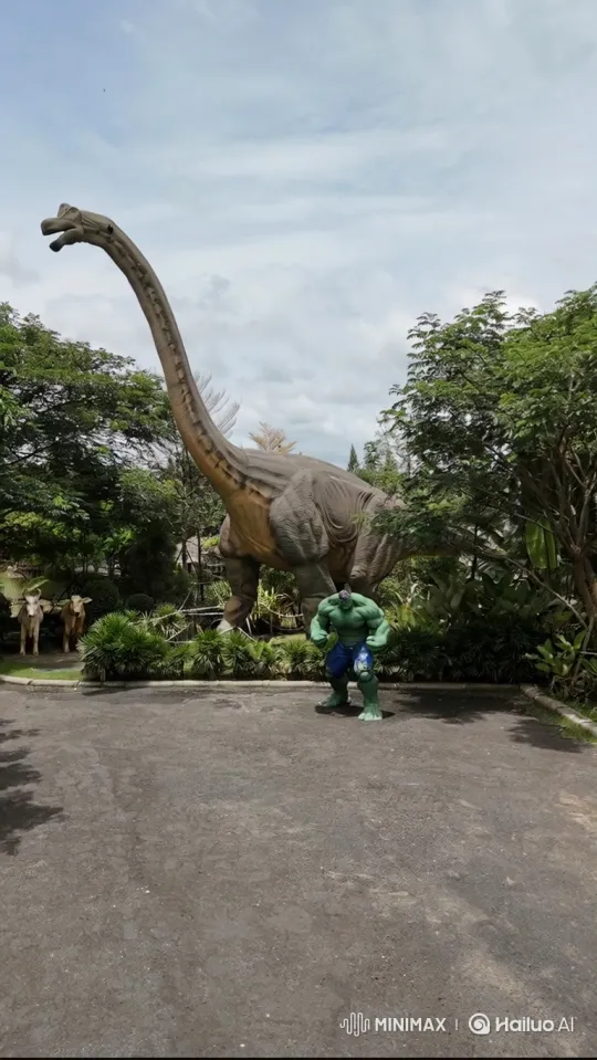 Animated Dinosaur and Hulk Statue Duo in Dynamic Display – AI Generated Video | Hailuo AI