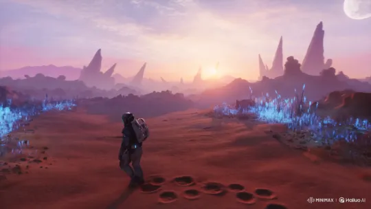 Astronaut Discovers Buried Spaceship on Alien Planet at Sunset – AI Generated Video | Hailuo AI