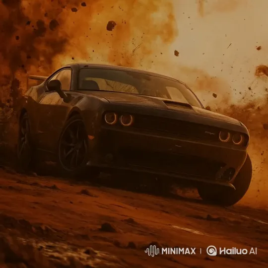 High-Speed Chase: Black Car in Dusty Landscape – AI Generated Video | Hailuo AI