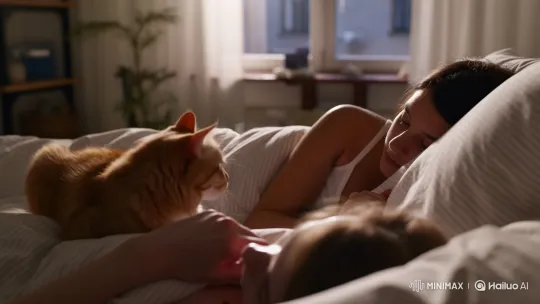 Fluffy Cat Gently Wakes Sleeping Owner in Morning – AI Generated Video | Hailuo AI